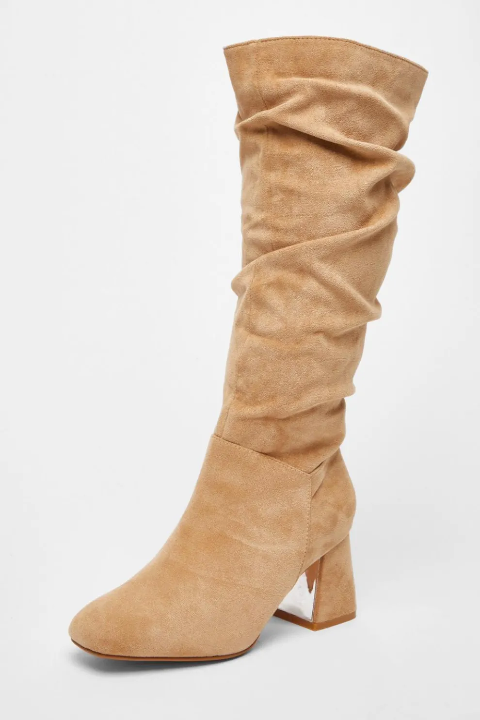 Wide Fit Taupe Knee High Faux Suede Block Heel Boots
