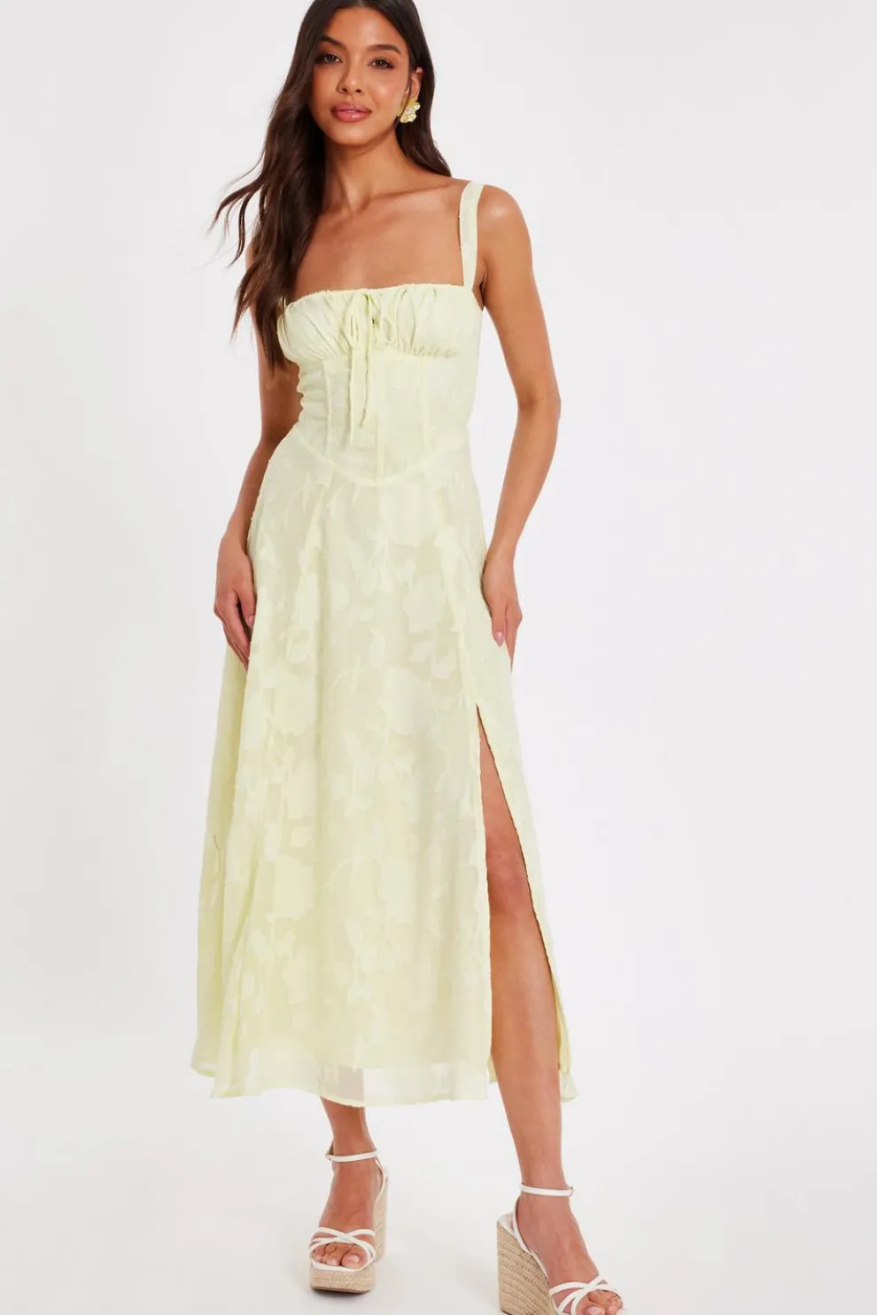 Yellow Jacquard Ruched Midaxi Dress