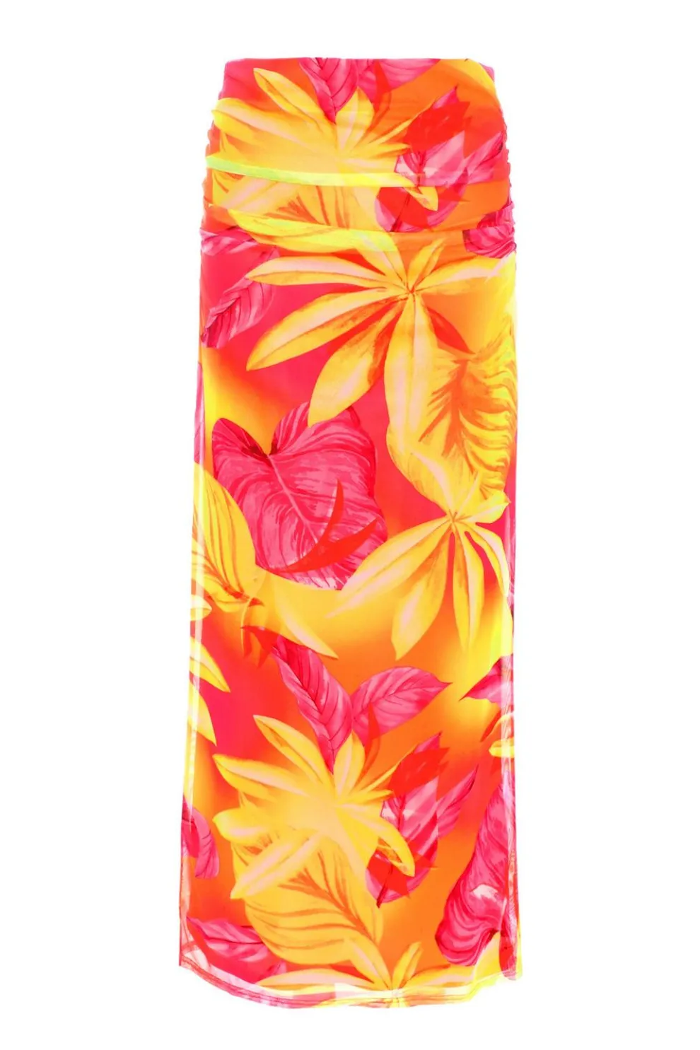 Yellow Tropical Print Mesh Maxi Skirt
